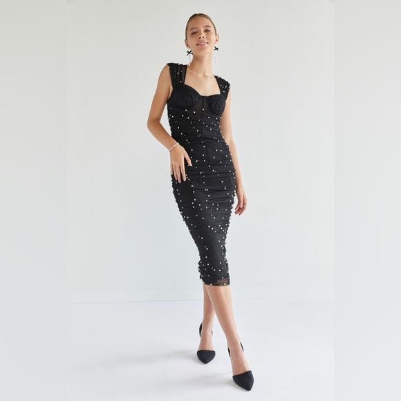 Francesca’s Kathy Rouched Pearl Embellished Midi Dress - Picture 2 of 13